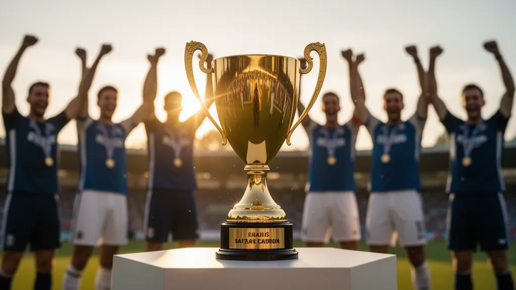 Golden award cup on podium with celebrating athletes in motion behind it outdoors