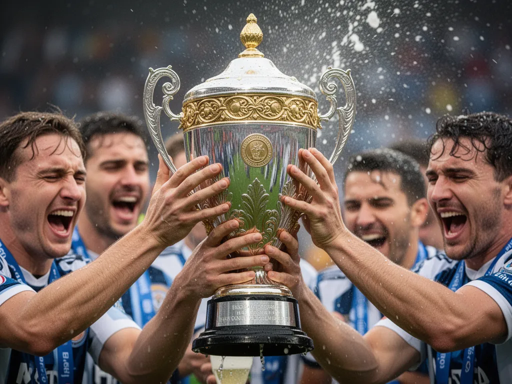 Hands lifting trophy cup with celebrating team members in blurred background showing emotion