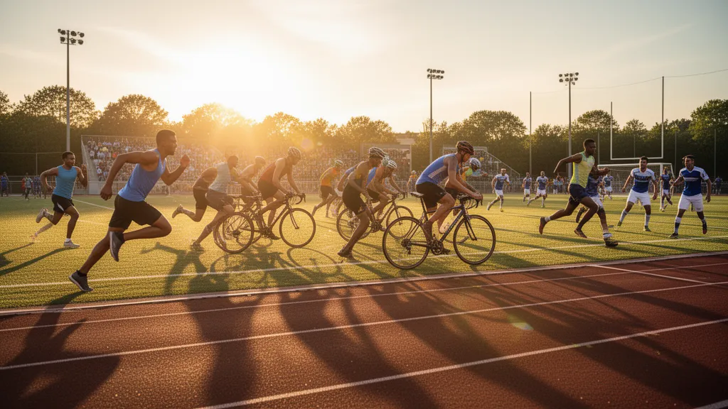 Multiple athletes competing outdoors in various sports during golden hour lighting