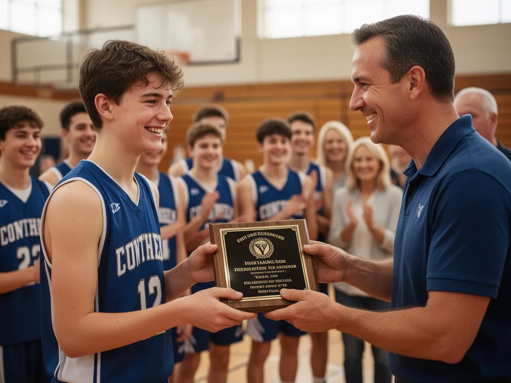 Coach presenting engraved award to proud young athlete surrounded by supportive teammates