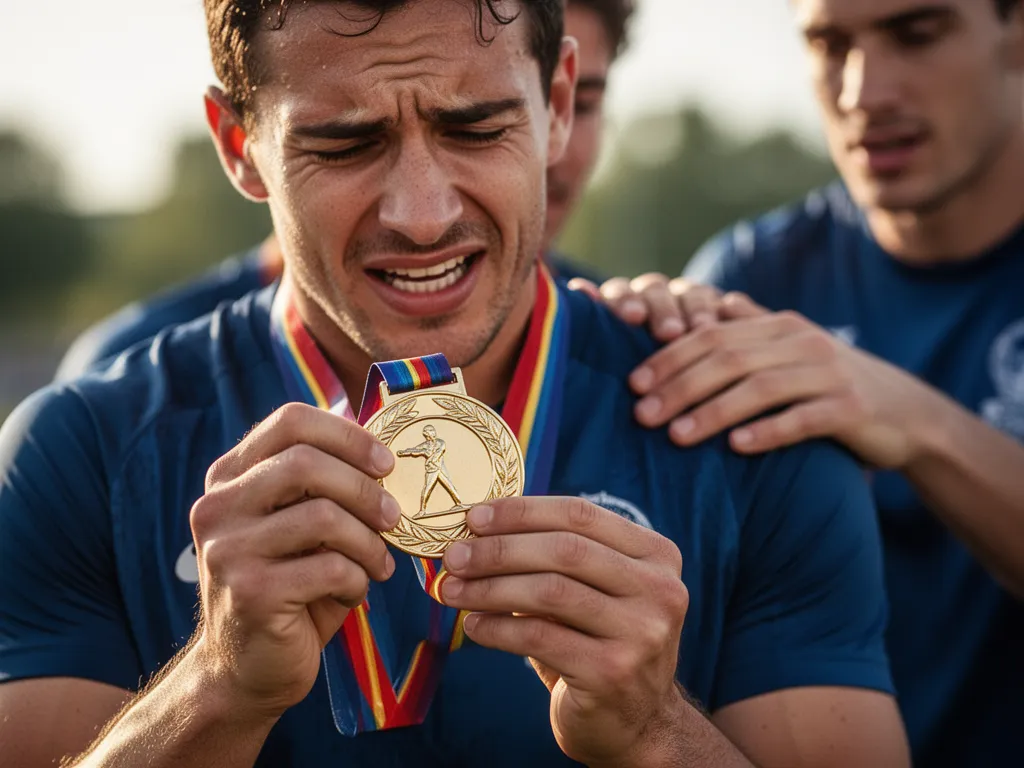 Athlete's hands holding medal with emotional expression and teammate support visible