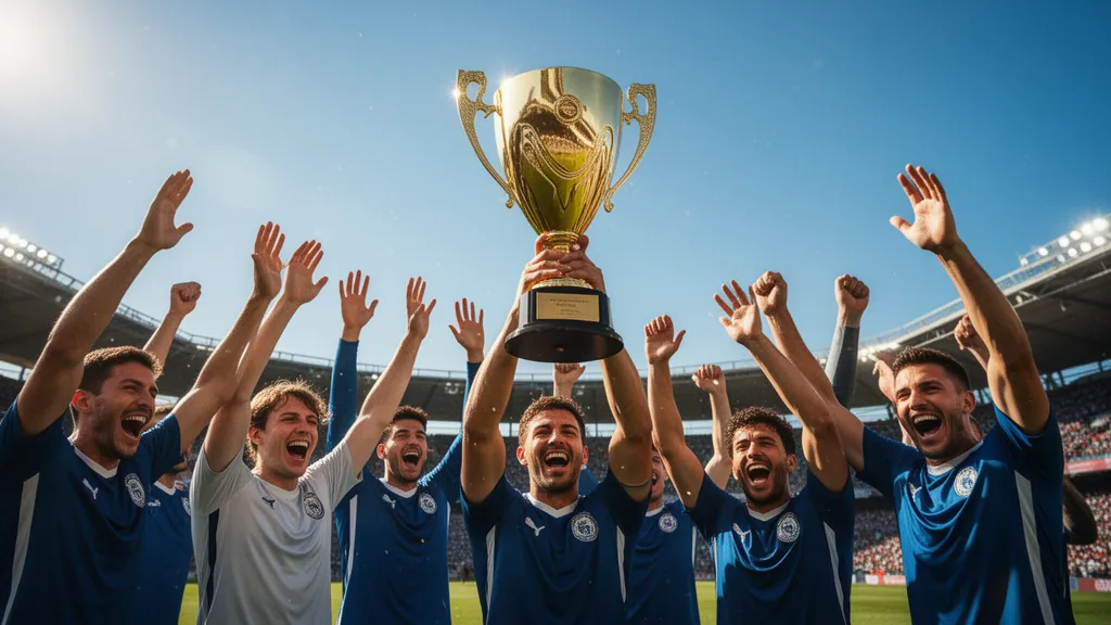 Athletes celebrating with raised arms around a golden trophy under bright outdoor sunlight