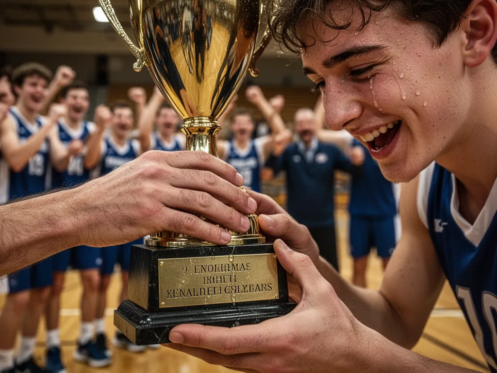 Young athlete's emotional close-up moment touching trophy with celebrating teammates blurred behind