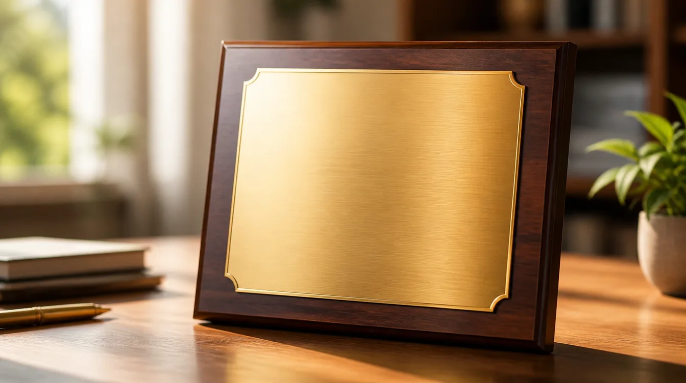 Elegant wood and brushed-gold award plaque on a desk