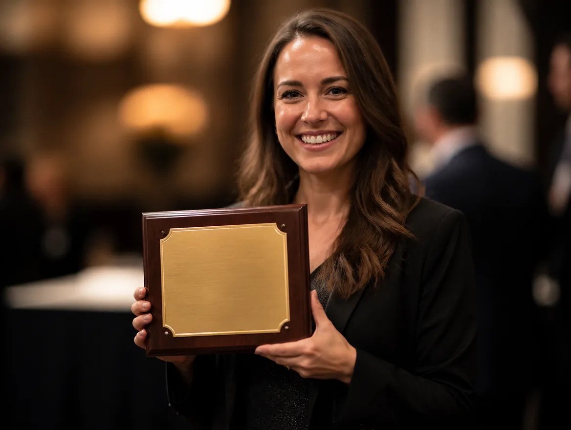 Proud person holding an award plaque with both hands