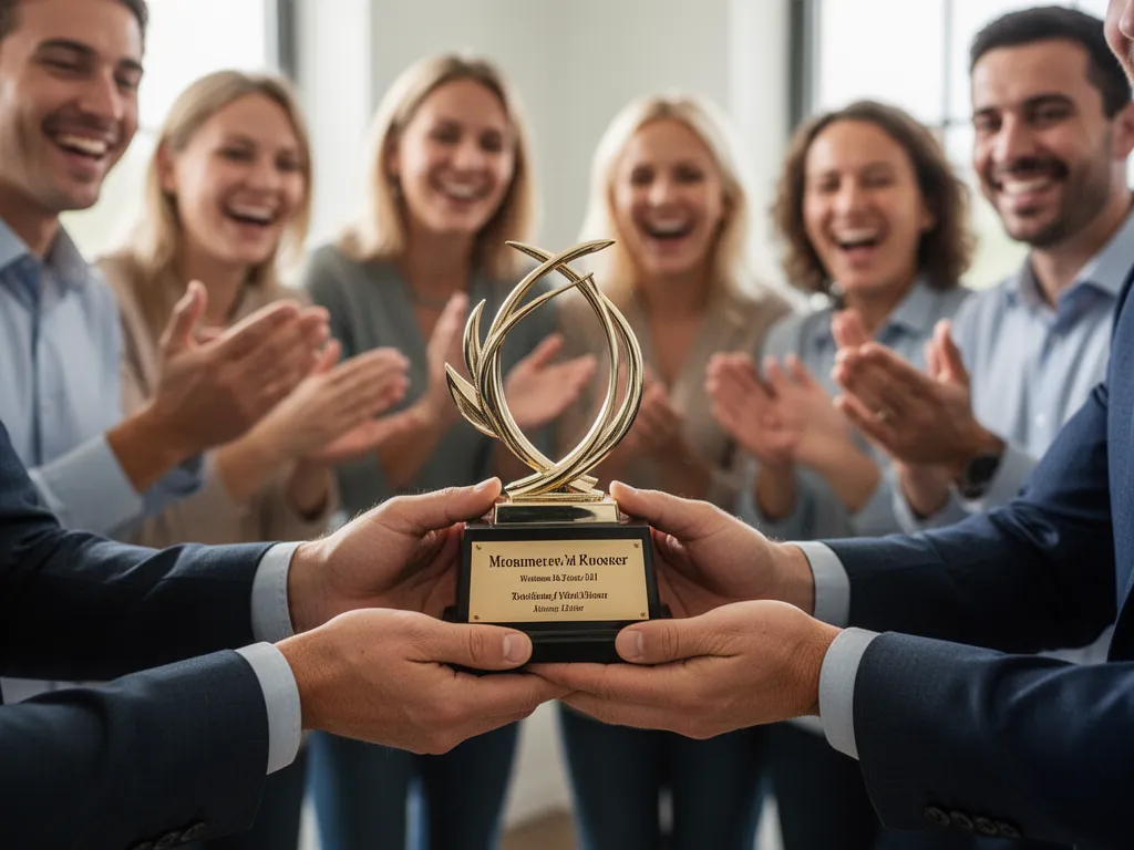 Hands presenting award plaque with celebrating team members and family in background