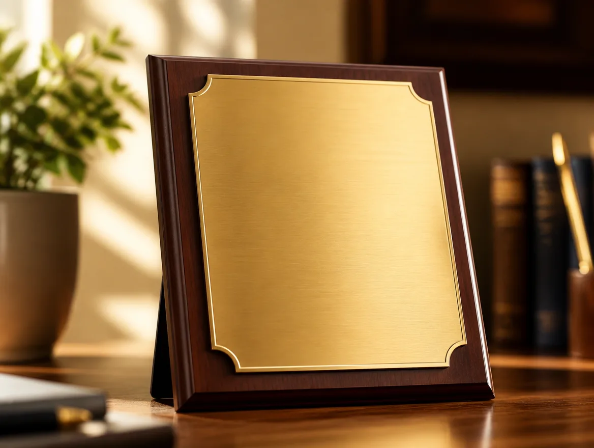 Close-up of an award plaque with a blank engraved gold plate