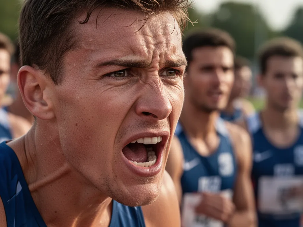 Athlete's focused face during competition with teammates blurred in supportive background