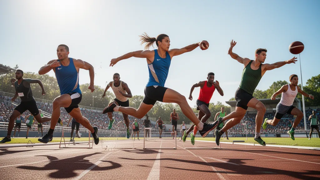 Multiple athletes in motion competing in different sports outdoors during daytime