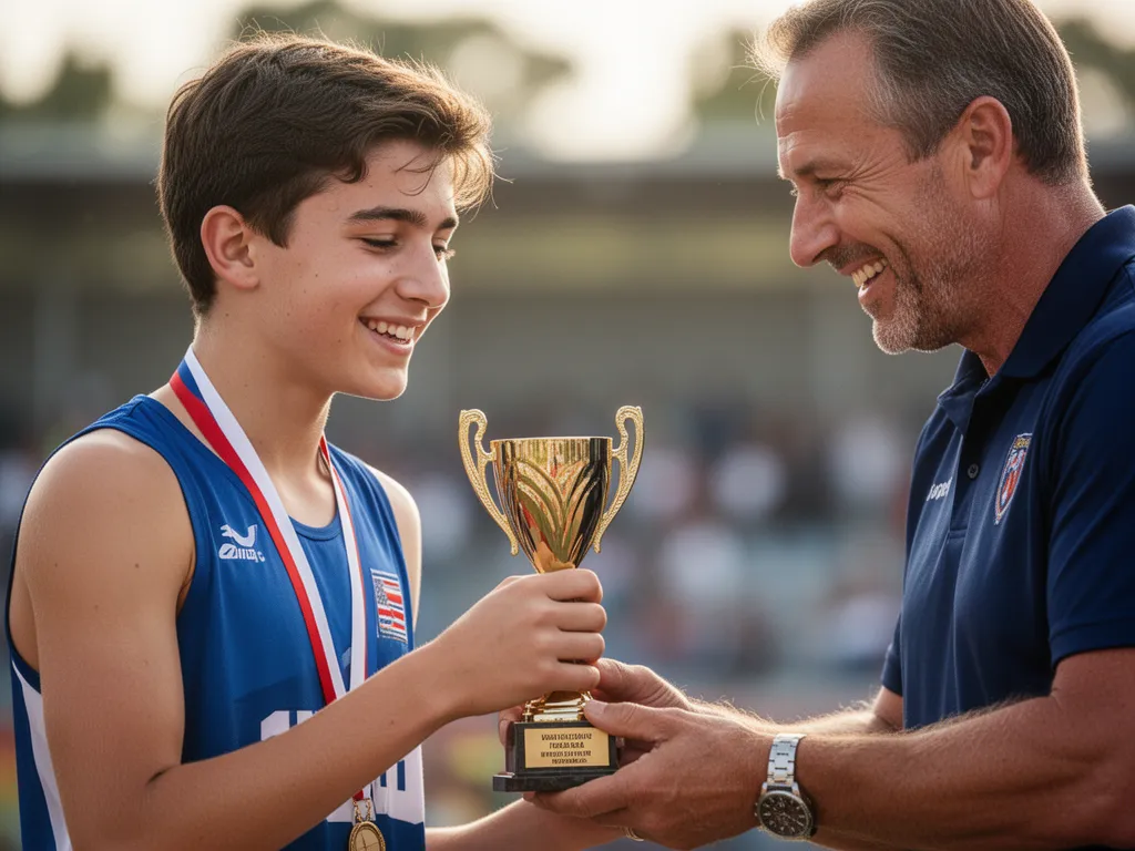 Coach presenting award to young athlete with both showing genuine pride and emotion