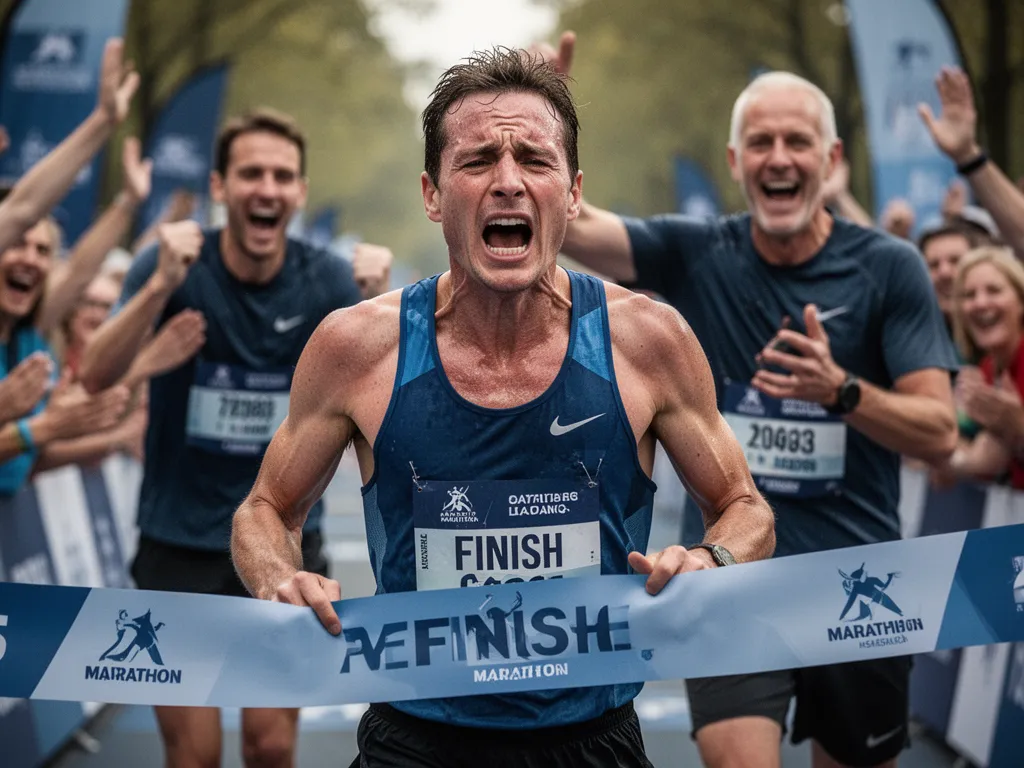 Exhausted marathon runner at finish line with emotional expression and cheering supporters behind