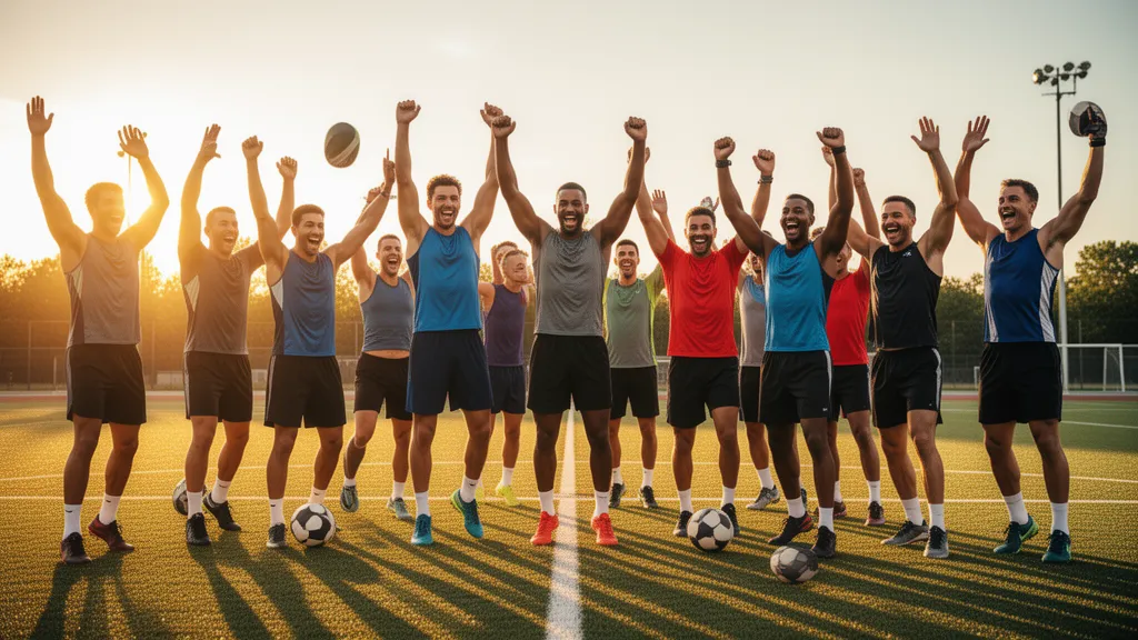 Group of athletes celebrating victory together outdoors with raised arms and genuine smiles