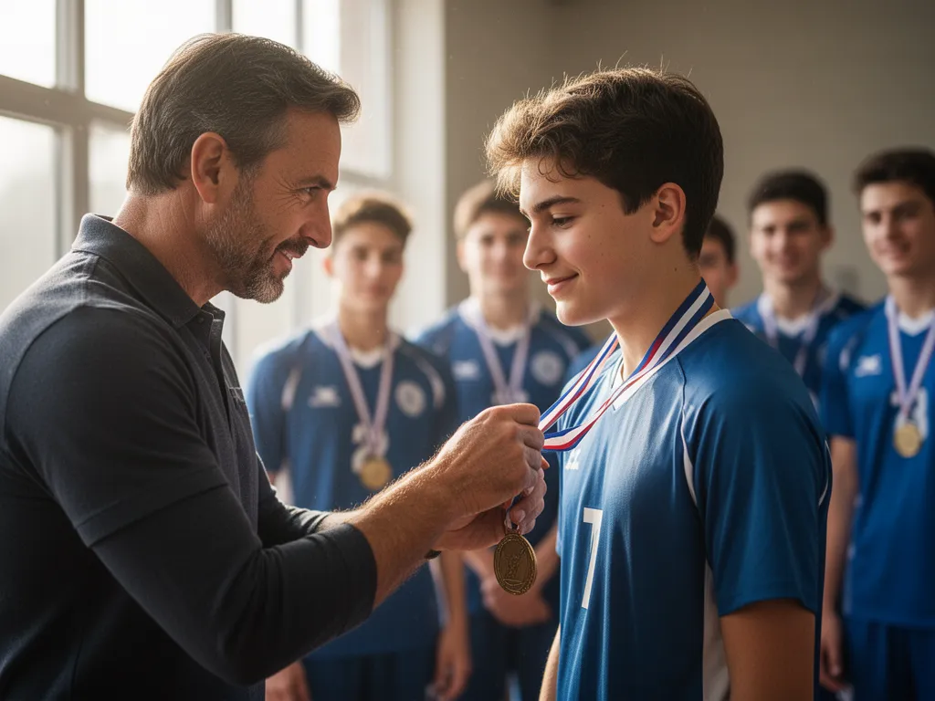 Coach placing medal around young athlete's neck with pride and emotion visible