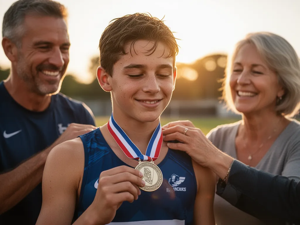 [Young athlete smiling while receiving medal with proud coach and parent watching]
