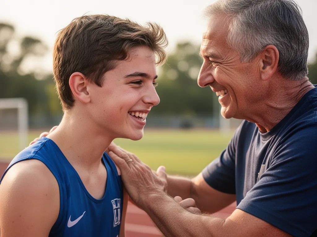 [Young athlete smiling while receiving support and recognition from an adult mentor outdoors]