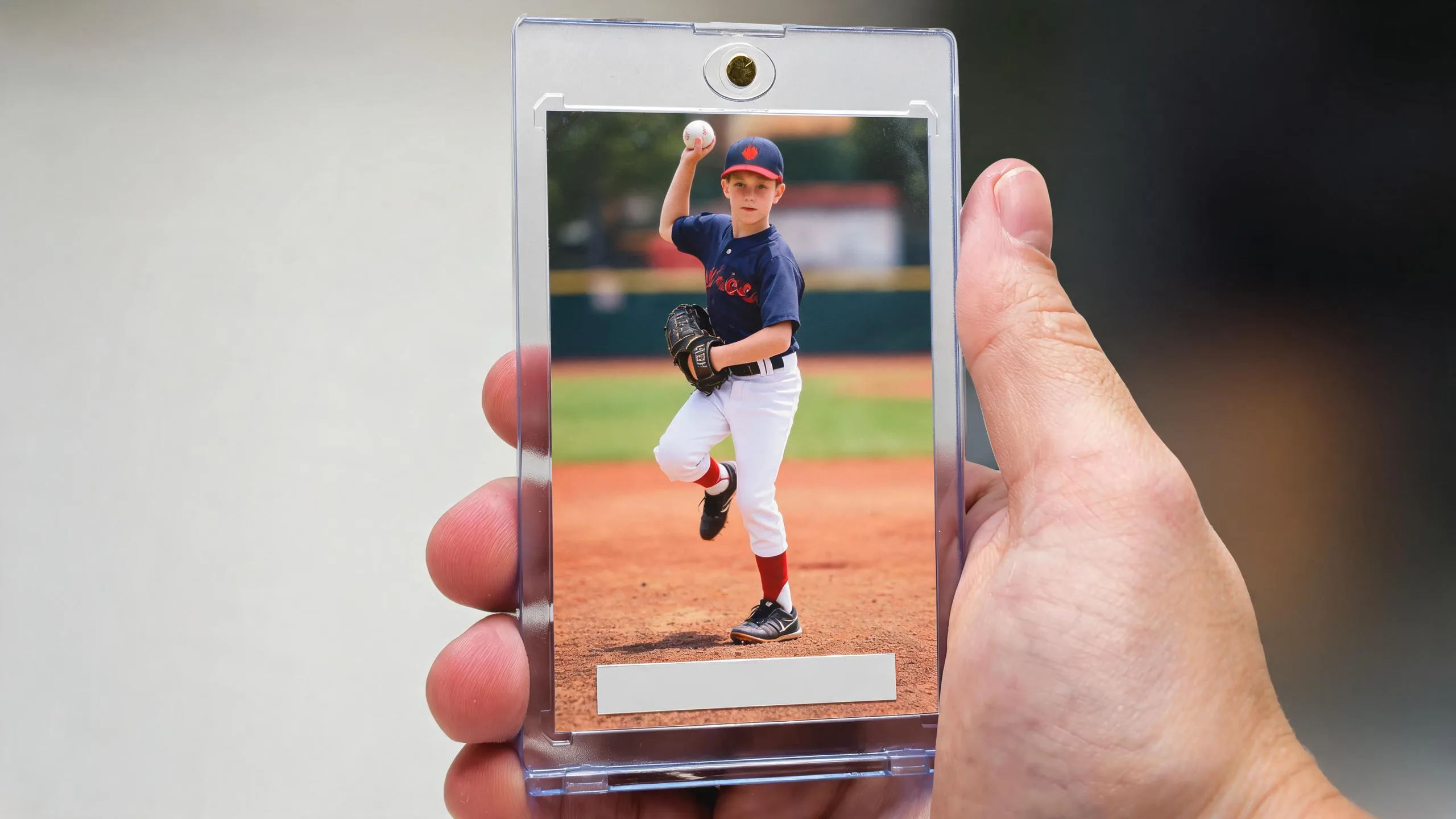 Hand holds magnetic case with awesome baseball cards featuring a foil-accented pitcher design.