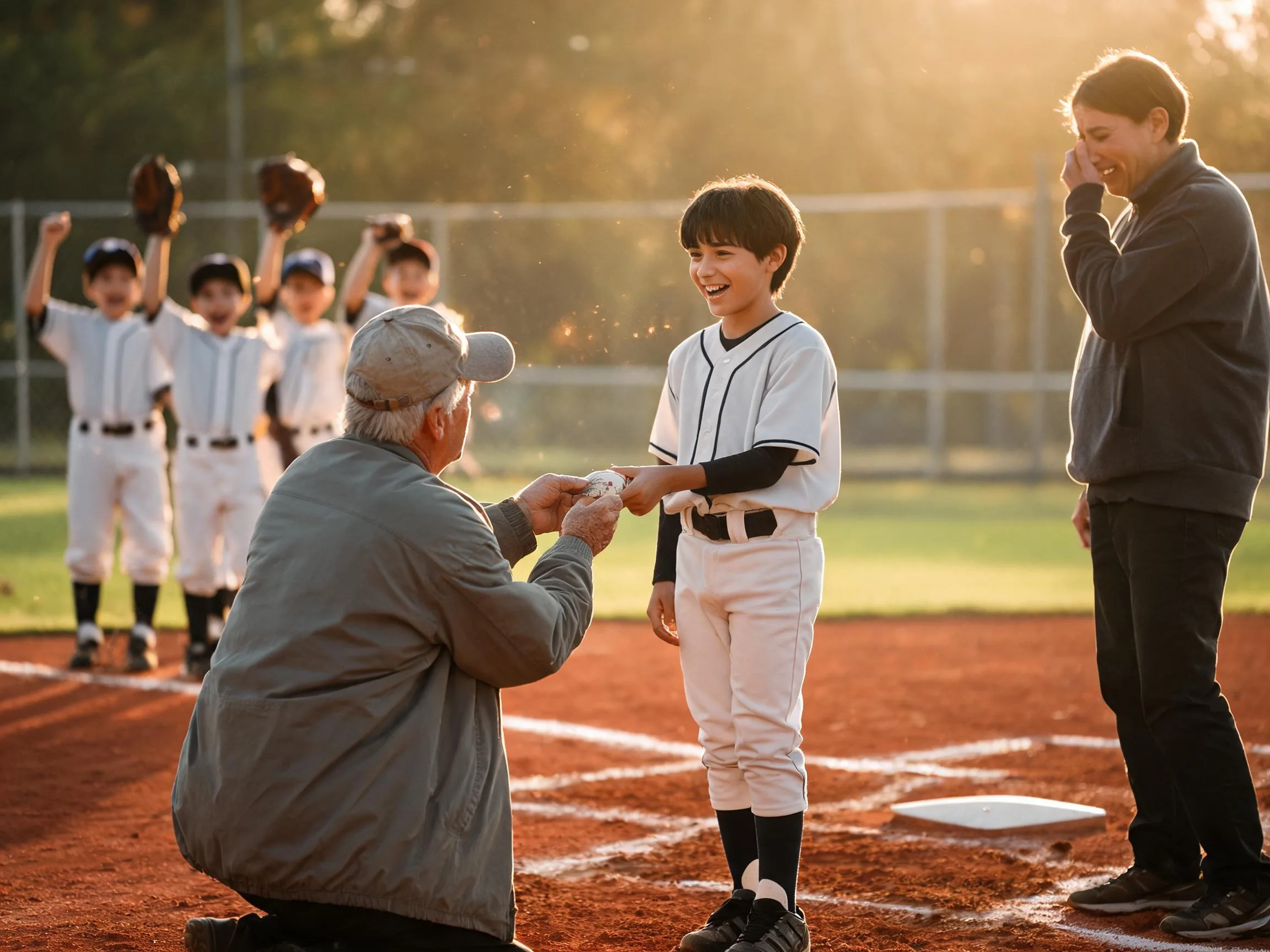 Coach and young athlete share an emotional moment on a sunlit baseball diamond.