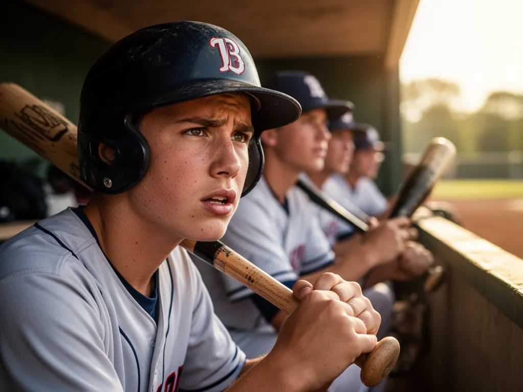 Young baseball player with focused expression holding bat in dugout with teammates nearby