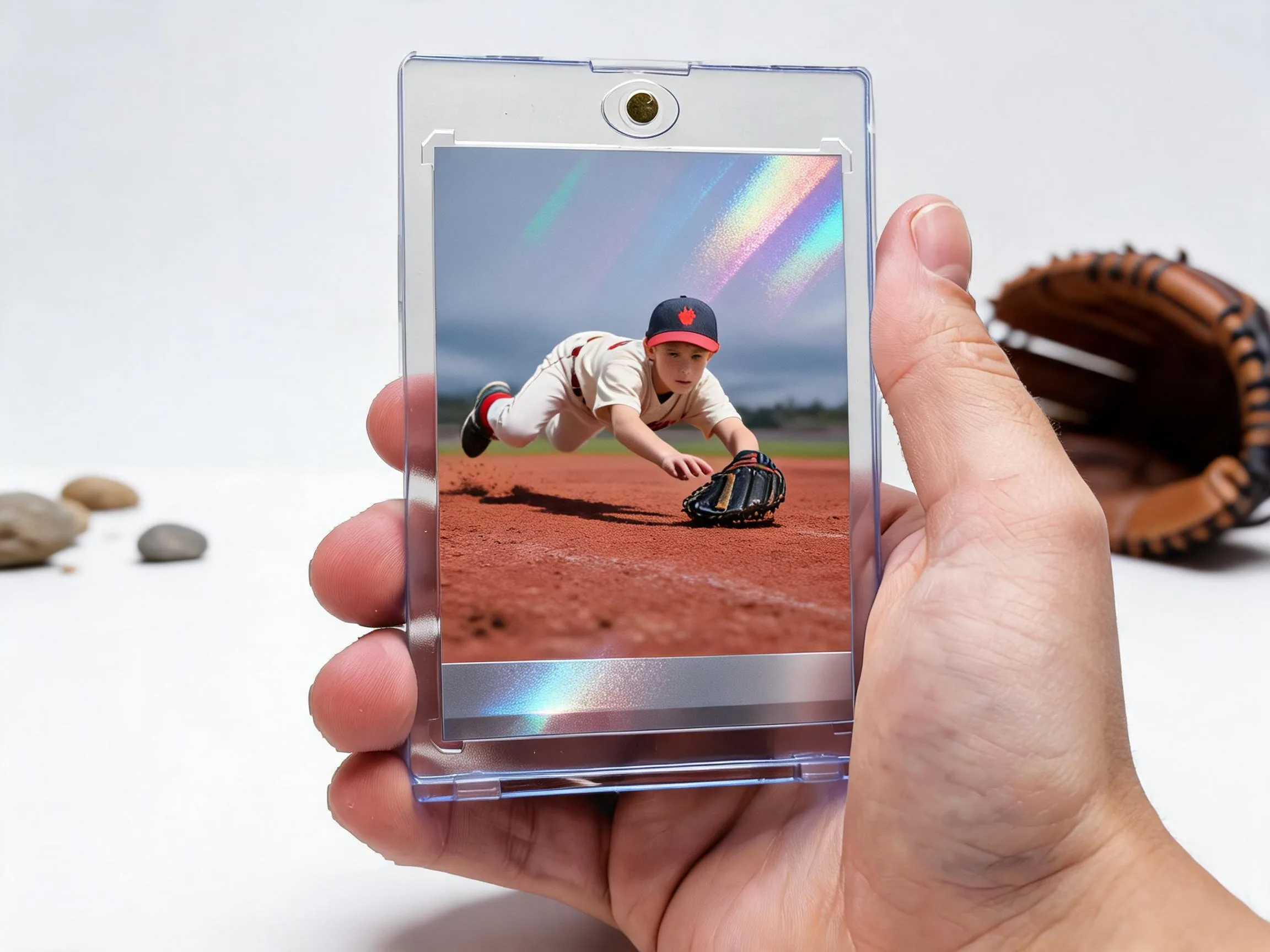 Custom baseball trading card in magnetic case showing a diving infielder with chrome finish.