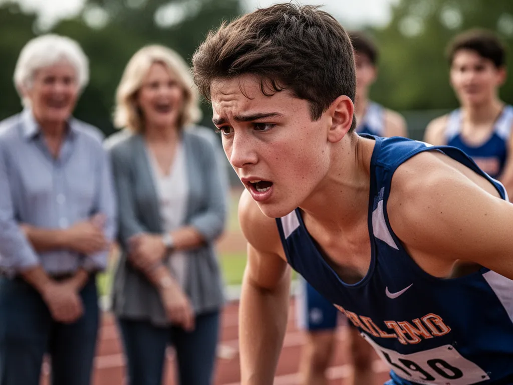 Young athlete's intense focused expression during competition with supportive family members visible in blurred background