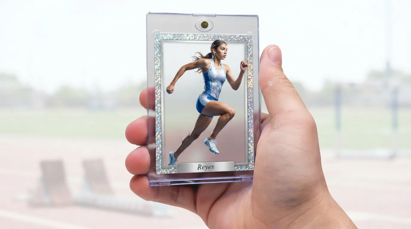 Hand holding magnetic case with silver-blue sports card, baby birth announcement ideas keepsake concept.