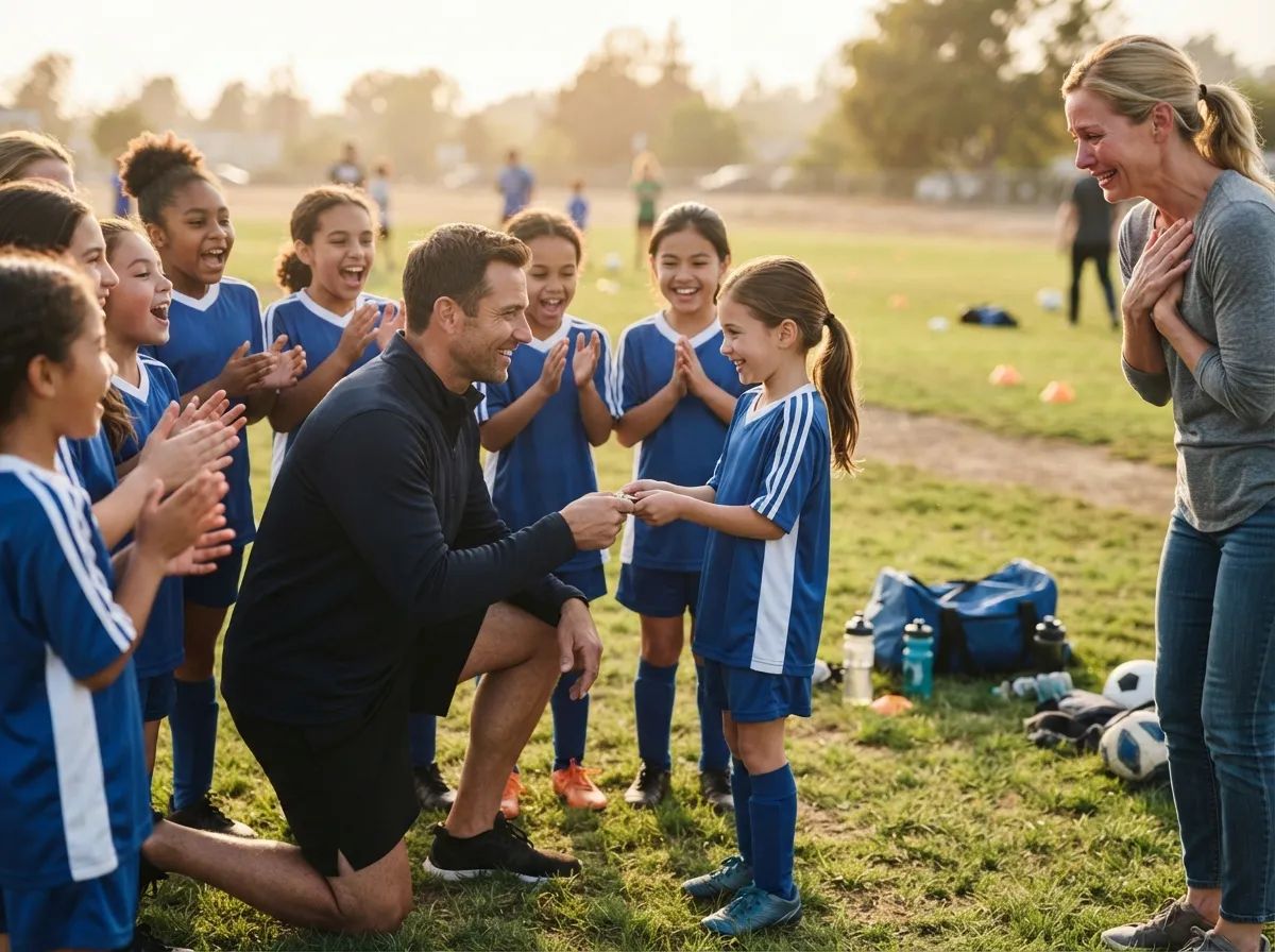Coach and young athlete share proud, emotional moment on sunny sports field with team.