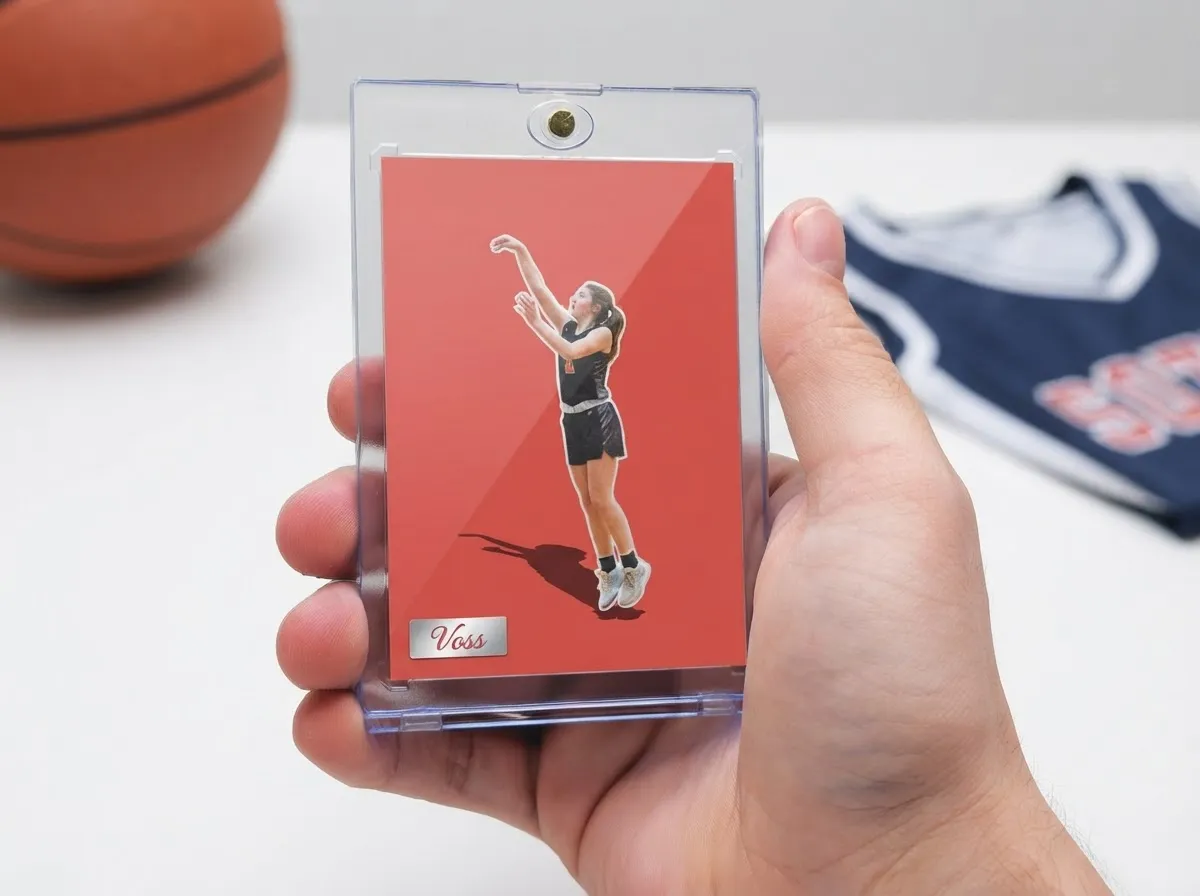 Hand holding magnetic case with bold coral sports trading card, custom keepsake design.