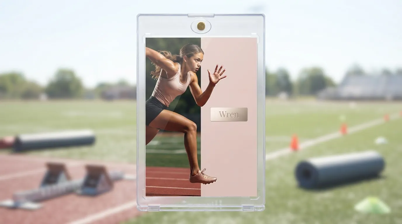 Hand holding magnetic case with baby birth announcement sports card, split action photo and pink panel design.