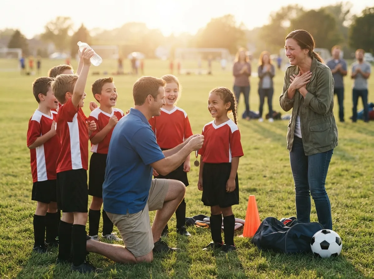 Coach and cheering teammates celebrate with young athlete on sunlit field, proud parent watching.