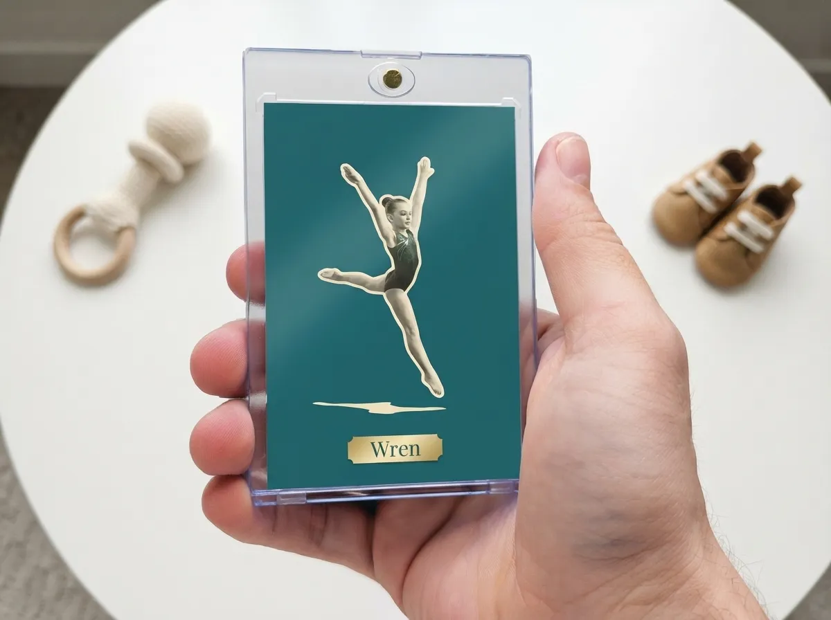 Magnetic case holding custom sports trading card, teal editorial design for baby birth announcement.