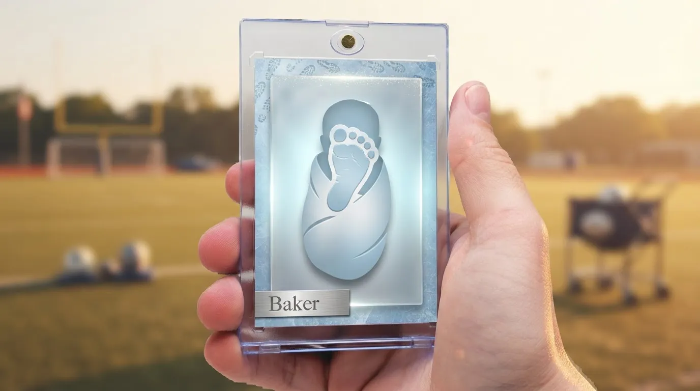 Hand holding magnetic case with icy blue baby boy birth announcement sports trading card, golden-hour field background.