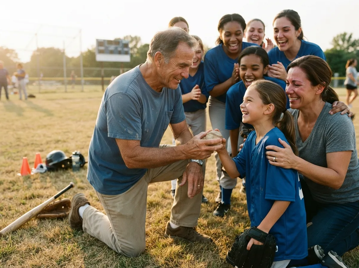 Coach and teammates celebrate warmly with a young athlete on a sunlit sports field.
