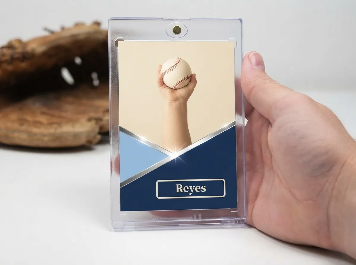 Custom baby boy birth announcement sports trading card in magnetic case, navy diagonal chrome frame design.