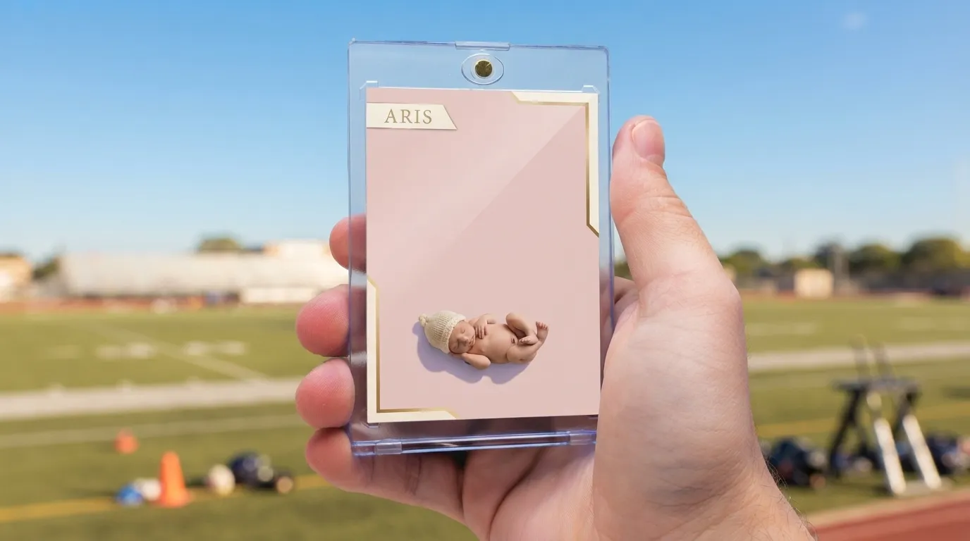 Hand holds magnetic case with baby girl birth announcement sports trading card on sunny field.