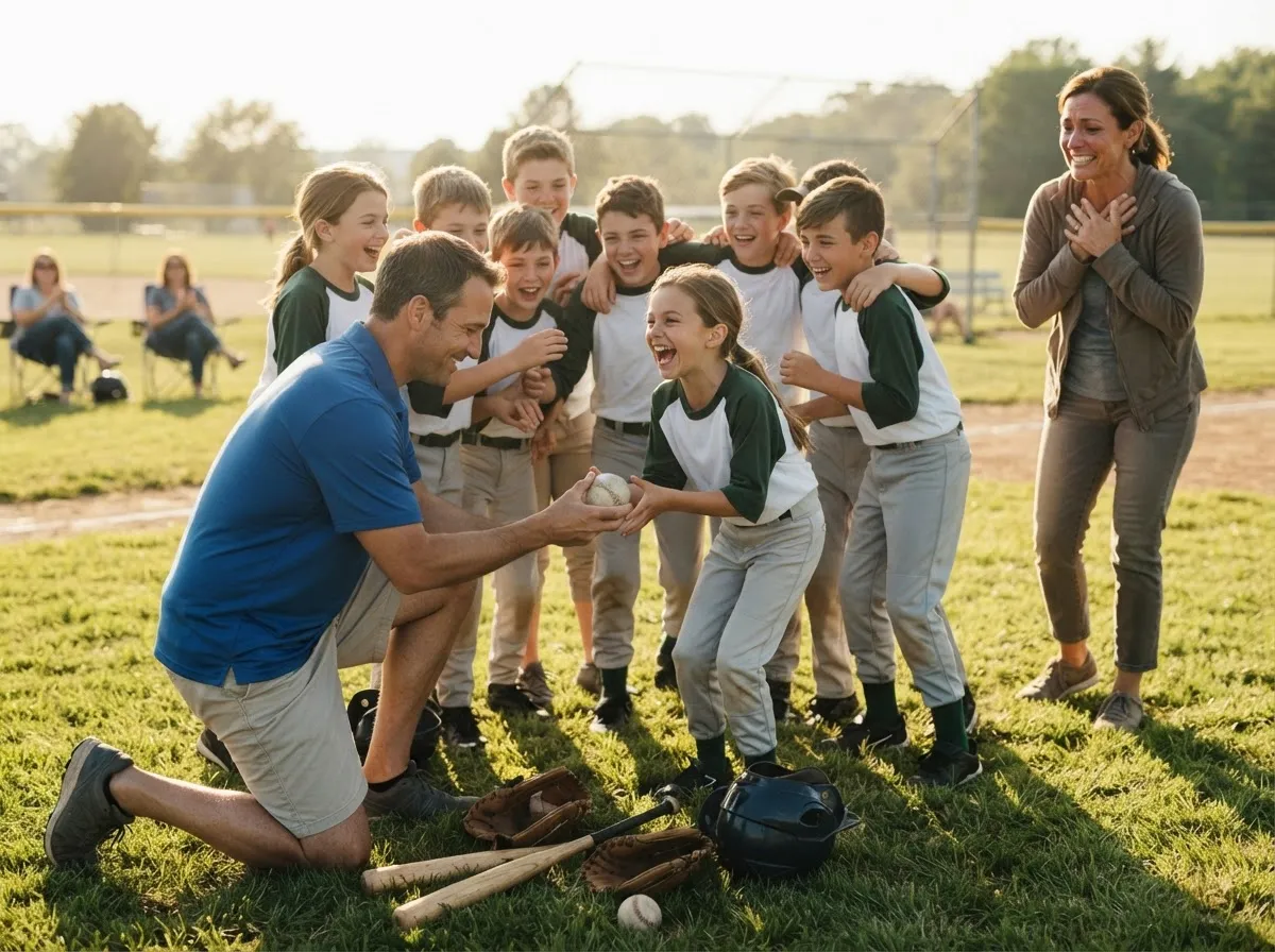 Coach and teammates celebrate warmly with young athlete on sunny sports field.