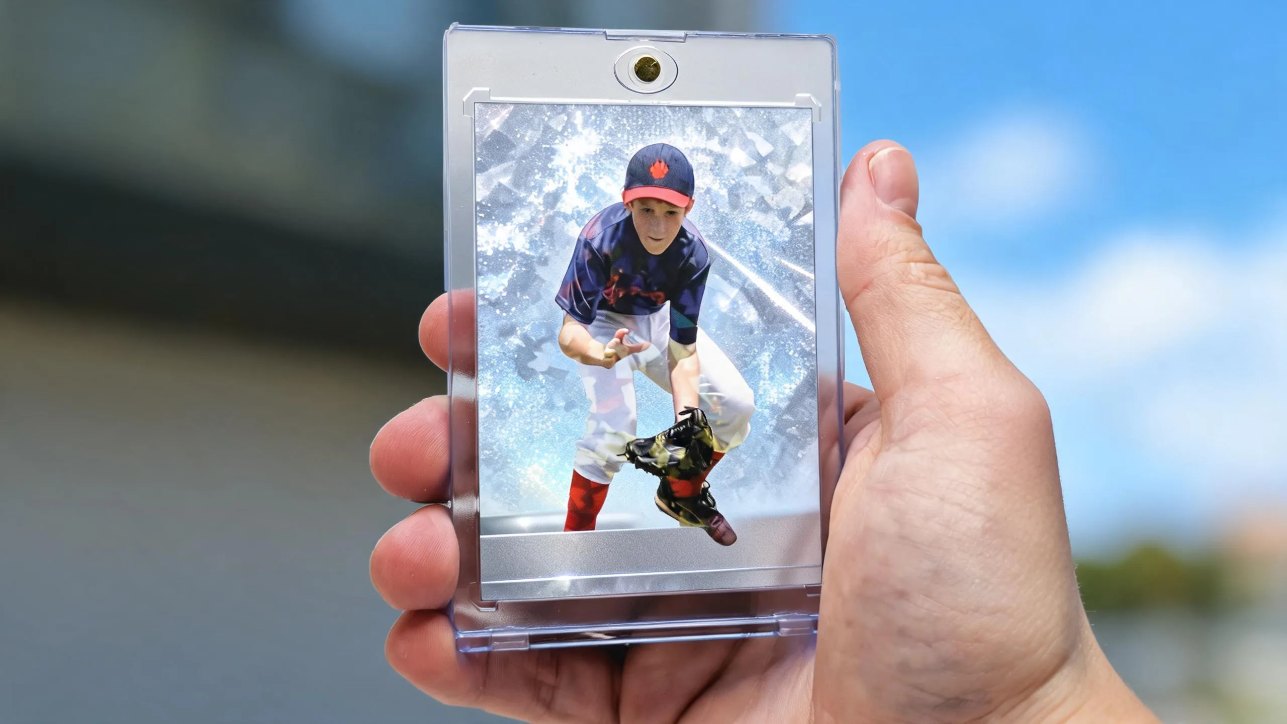Hand holding magnetic case with icy blue refractor card, bachelorette party favors keepsake gift.