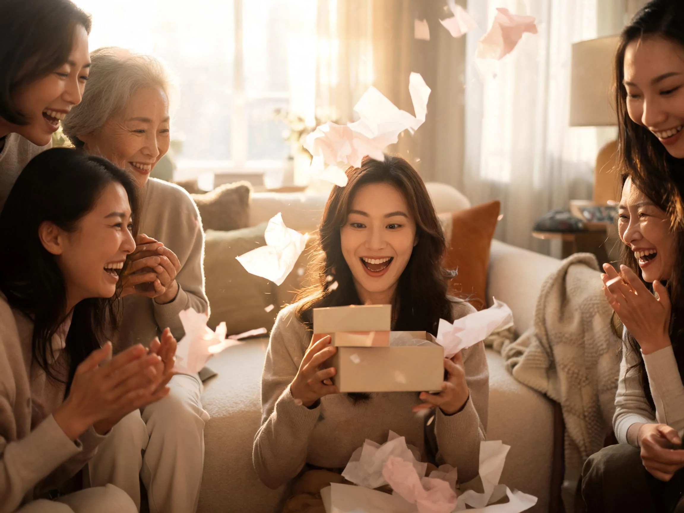 Women joyfully reacting as one unwraps a surprise gift during a bachelorette celebration.