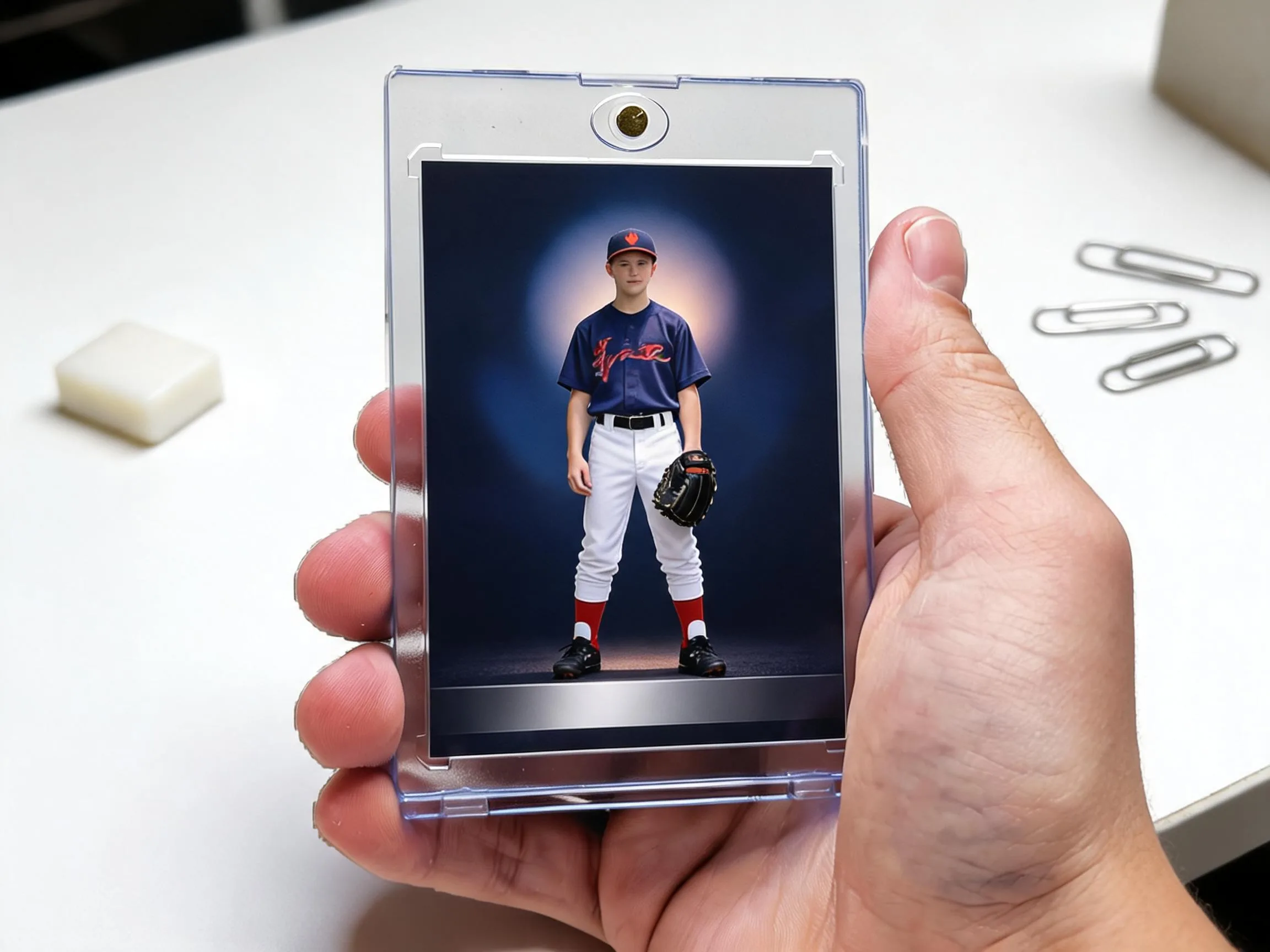 Custom keepsake trading card in magnetic case, stadium-night design, resting on white tabletop.