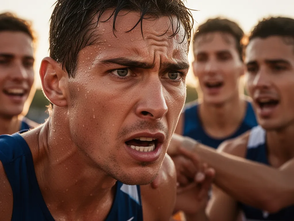 Intense close-up of athlete's focused face during competition with supportive teammates visible in blurred background