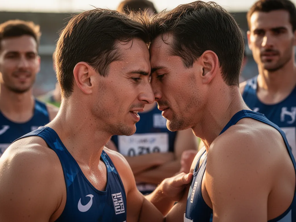 Athlete showing emotion and determination during competitive sporting moment with team nearby