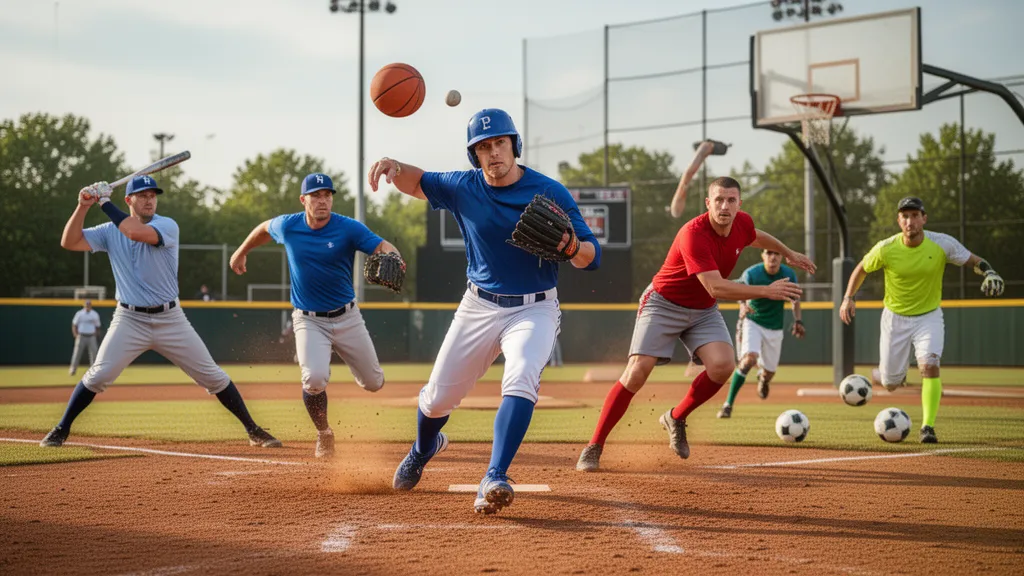 Multiple athletes in action across different sports competing outdoors with natural lighting and dynamic movement