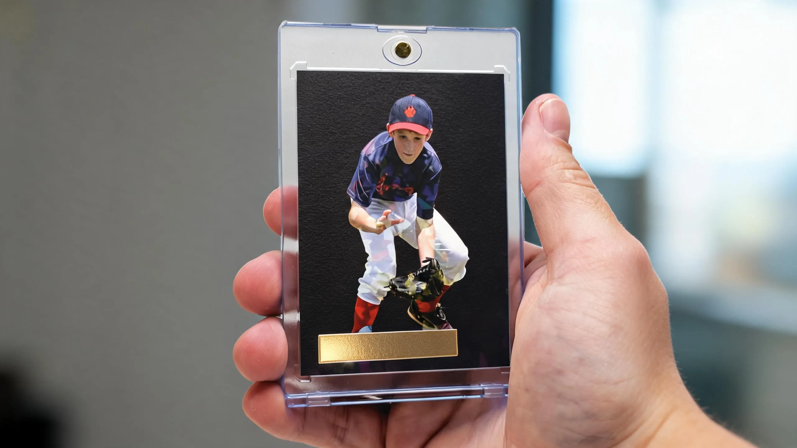 Hand holding magnetic case with back of trading card featuring dark premium gold-foil athlete design.