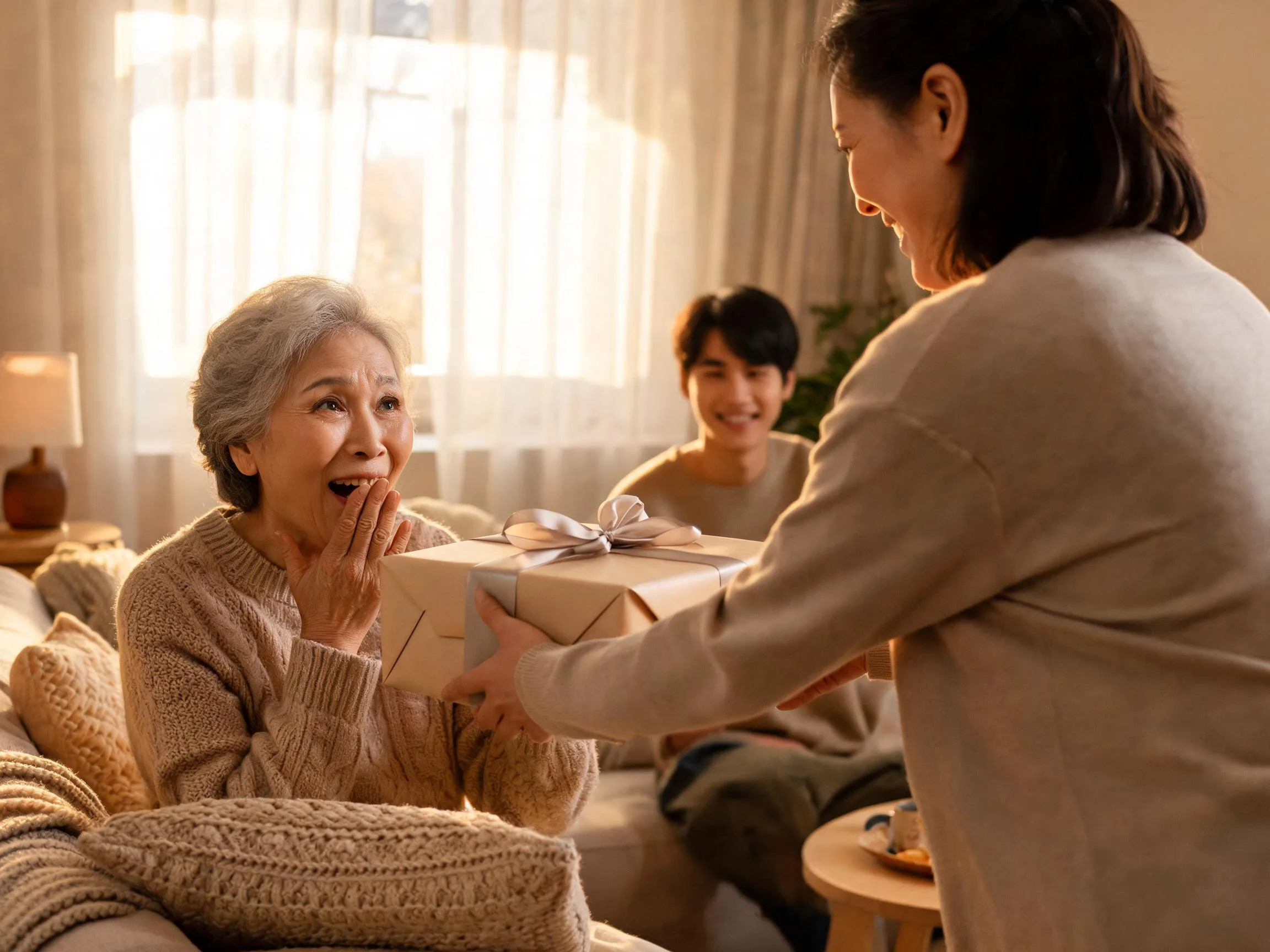 Older adult reacting with joyful surprise to an unexpected gift in warm home setting.