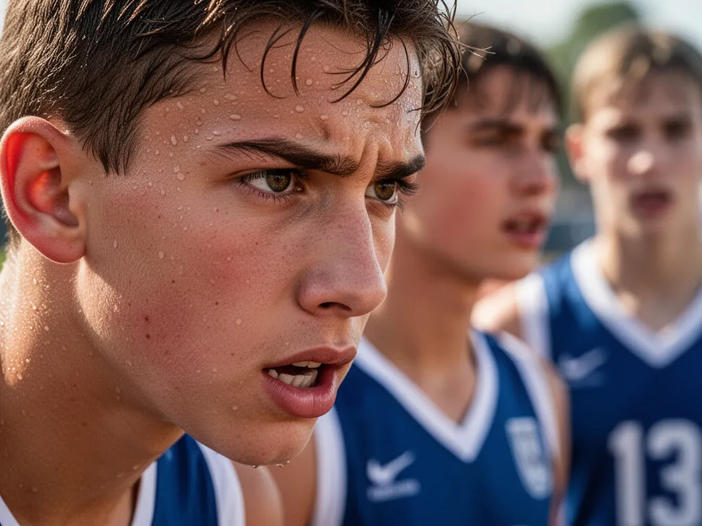 Young athlete's concentrated face during competition with teammates visible in soft focus background