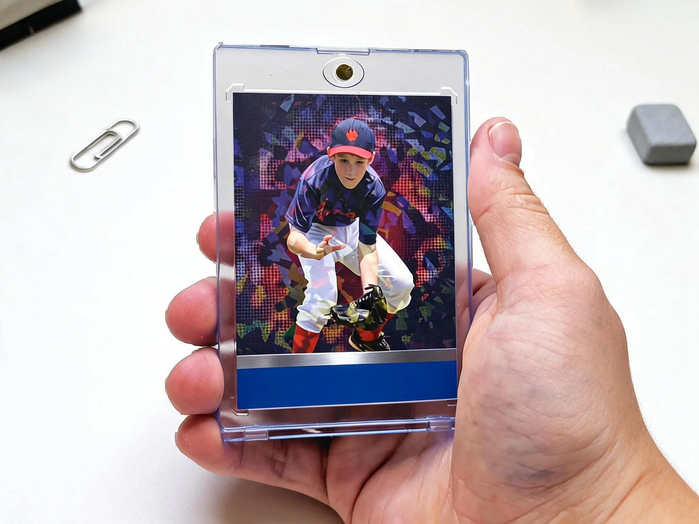 Custom keepsake trading card in magnetic case, blue footer band, action photo design.