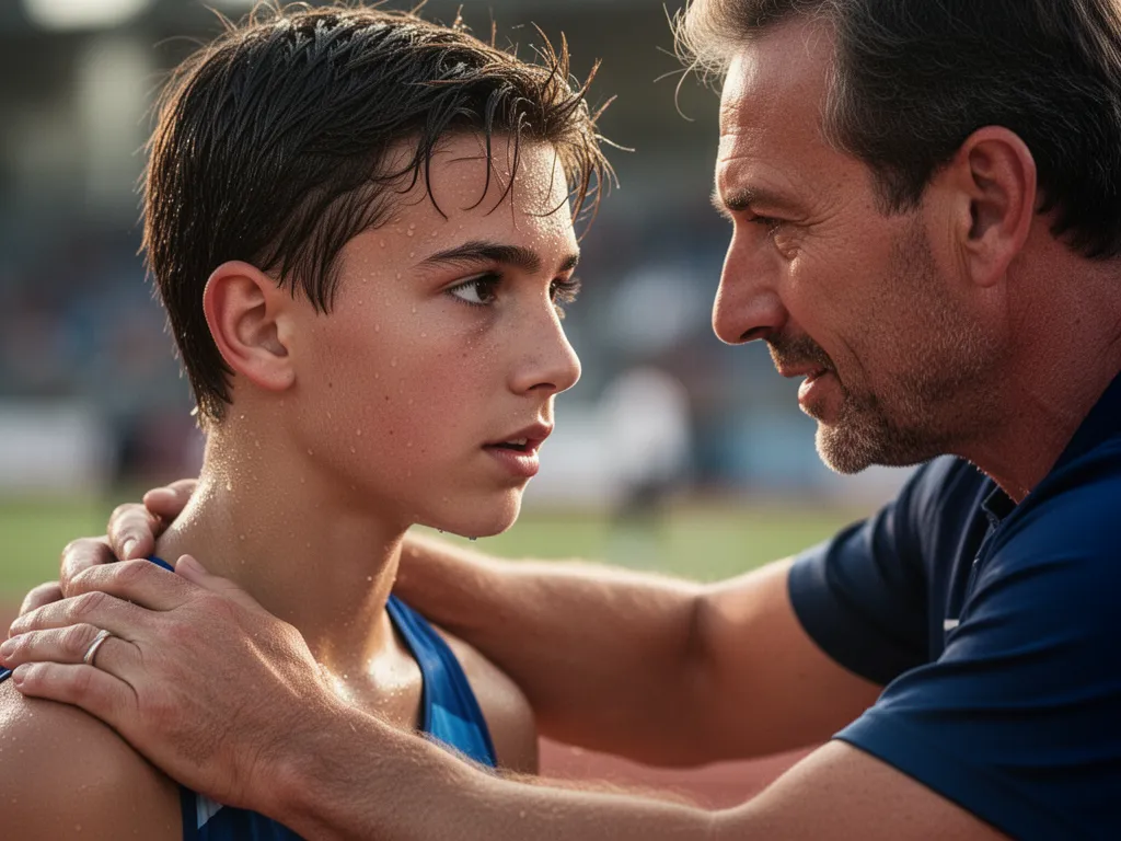 Coach providing guidance and encouragement to focused athlete during competitive moment