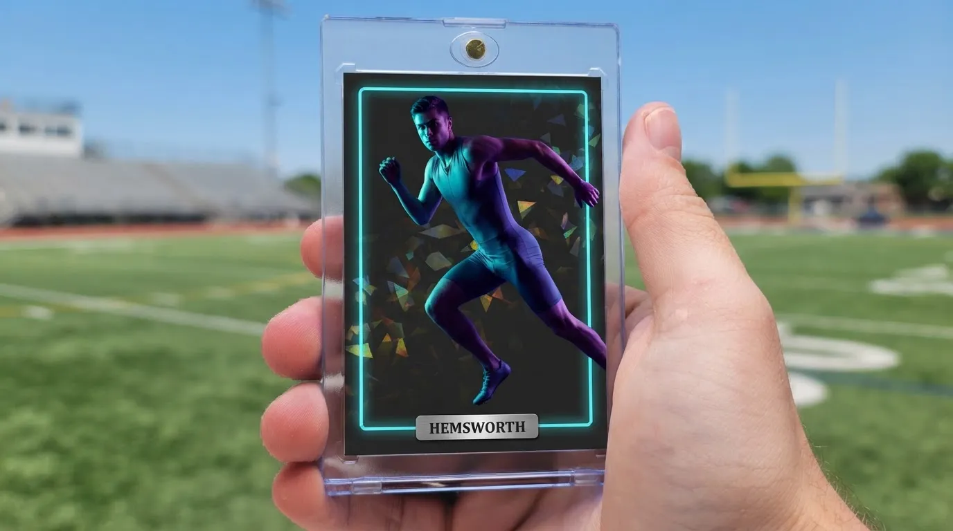 Hand holding magnetic case with dark neon-lit background greeting card featuring sprinting athlete design.
