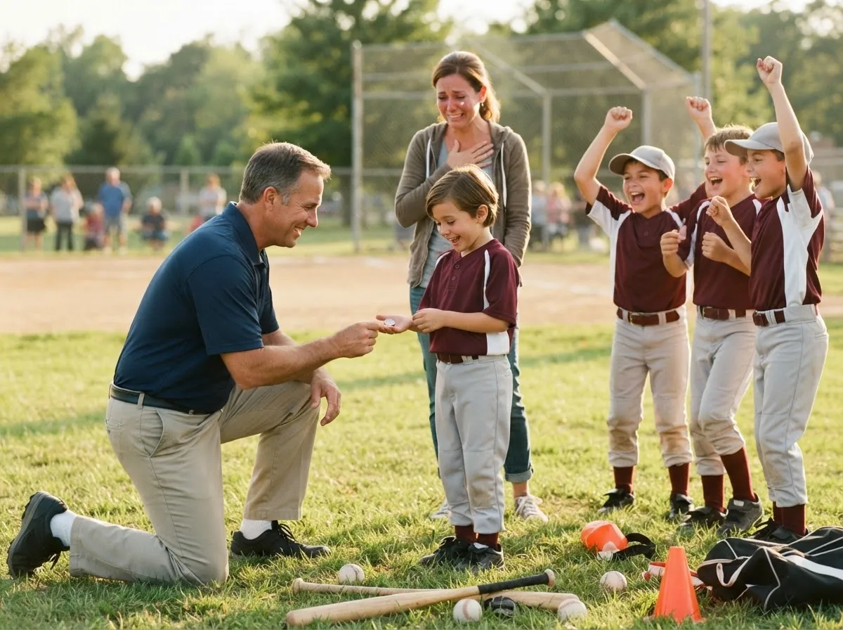 Coach shares proud emotional moment with young athlete on sunny sports field.