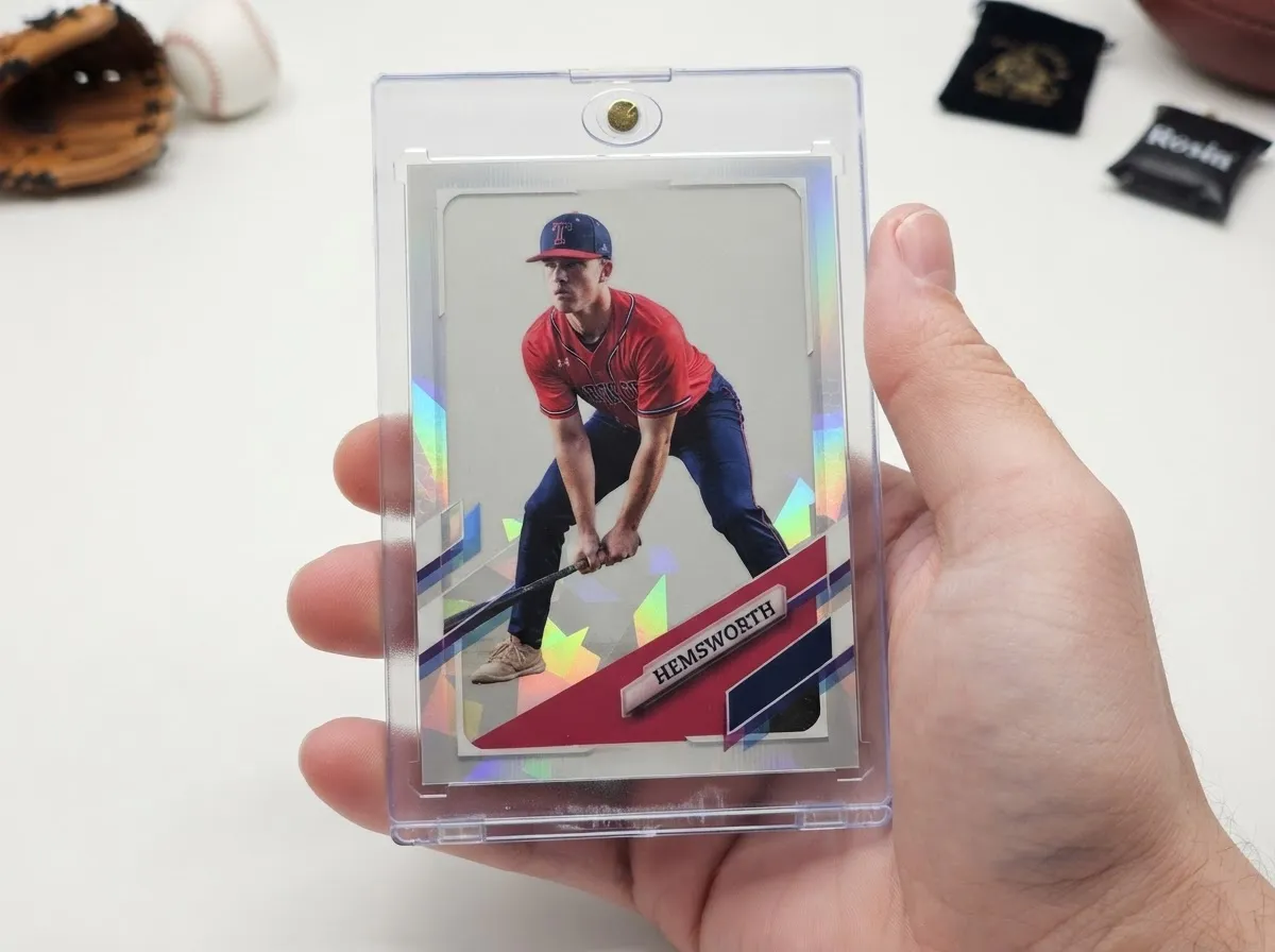Custom sports trading card in magnetic case, chrome diagonal frame around crouched athlete design.