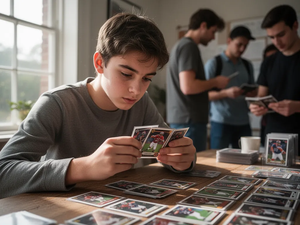 [Young person carefully examining sports cards with concentrated expression at indoor table]